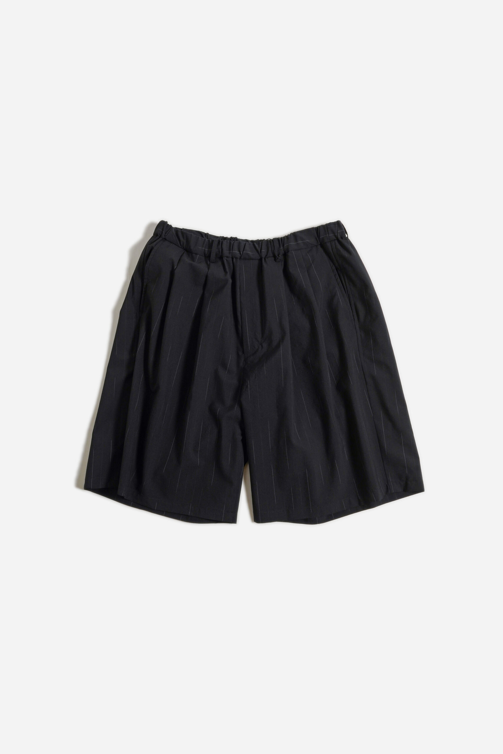 DOUBLE PLEATED WIDE EASY SHORTS - WOOL KASURI STRIPE - BLACK